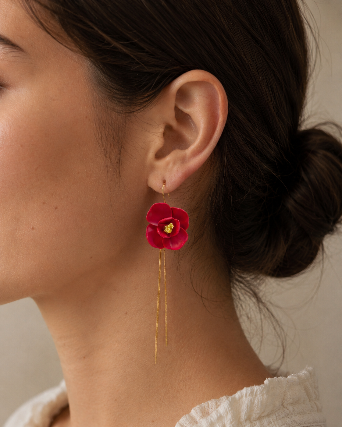 Delicate Red Flower With Gold Dangles, Lightweight Handmade Jewelry, Boutique Gift for Her