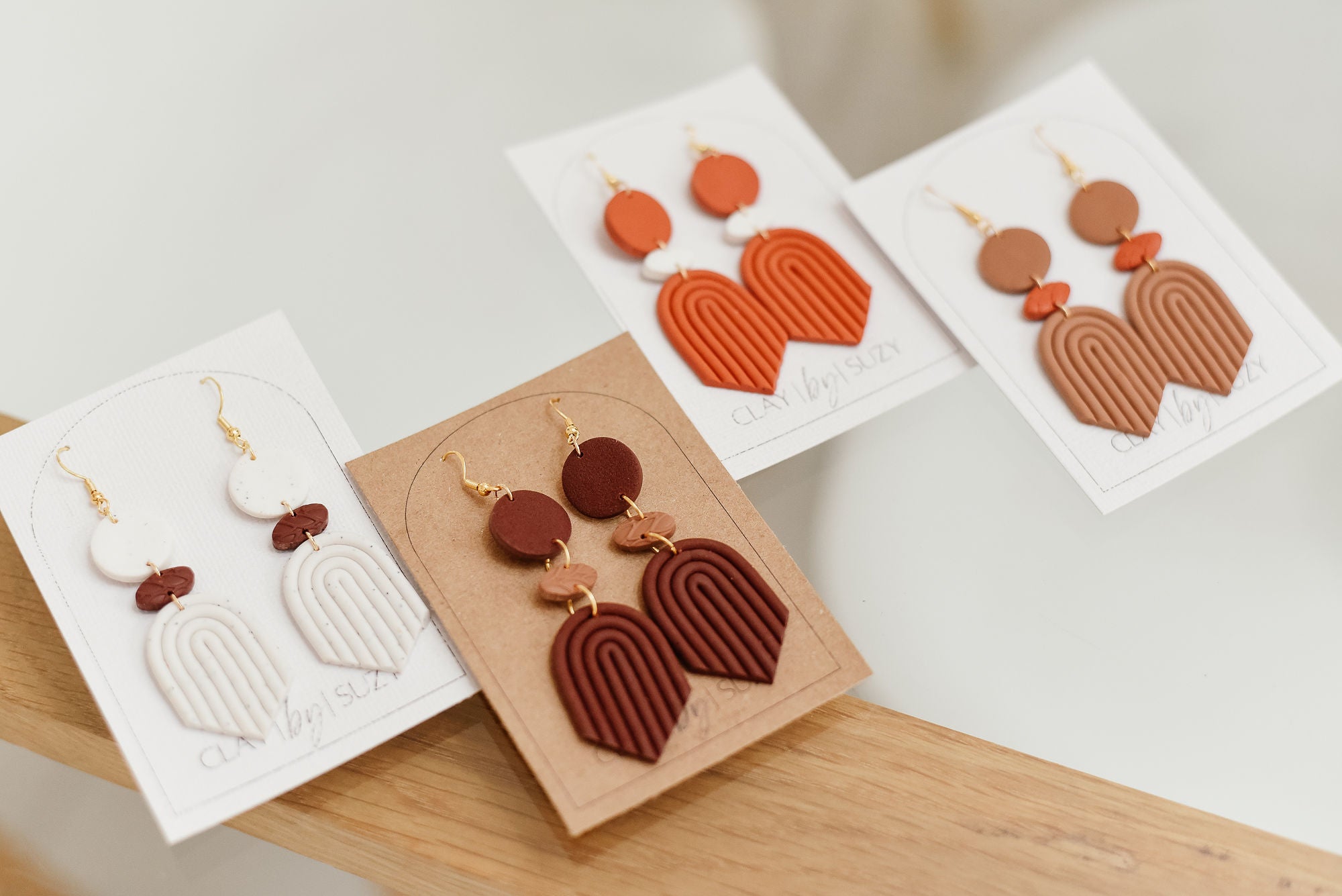 BH1 Boho Dangle Earrings – Neutral Earth Tone Polymer Clay Jewelry – Brown Caramel Burnt Orange Statement Earrings – Lightweight Handmade