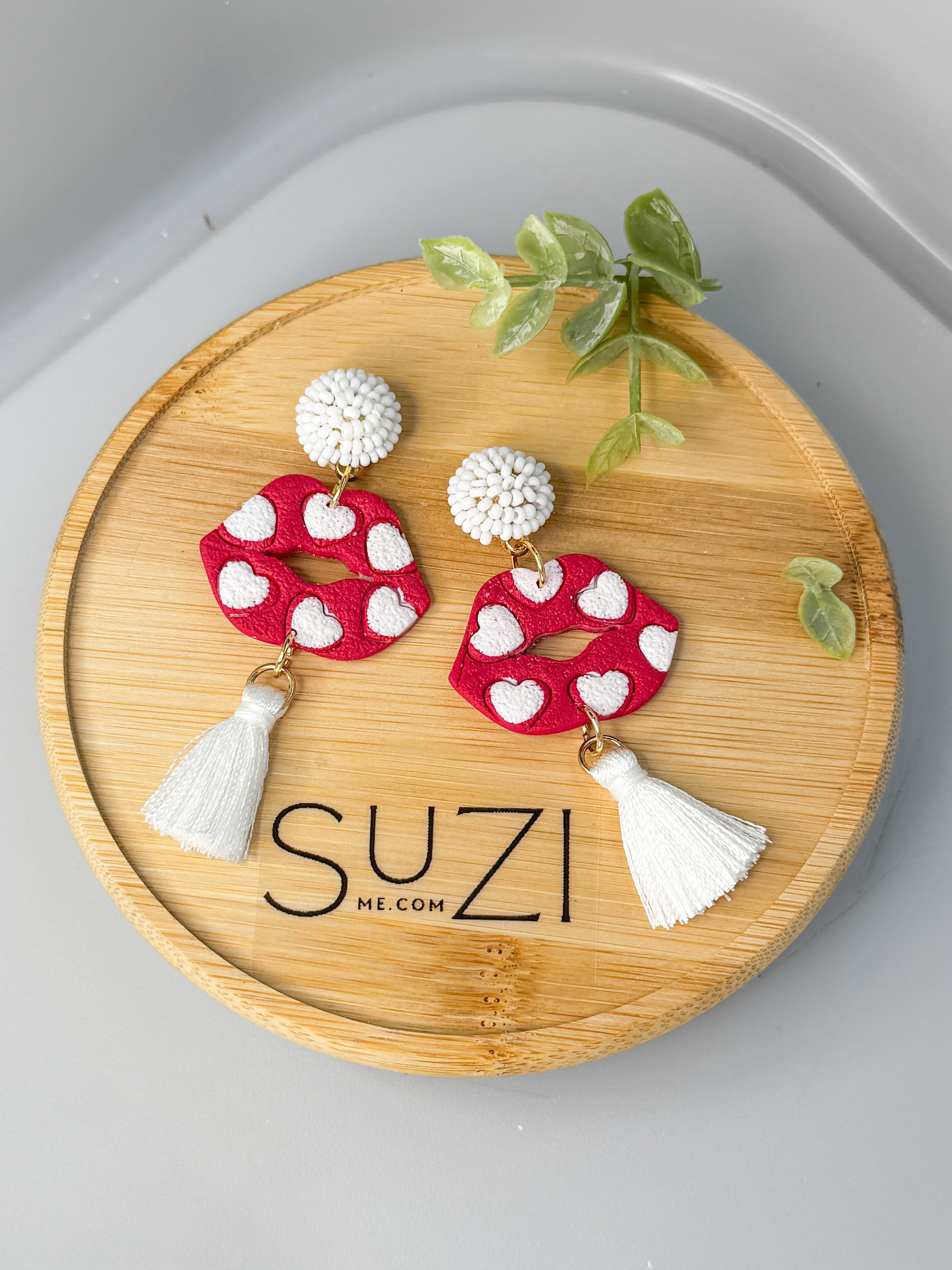 L16 Heart Inspired Earrings, Handmade Polymer Clay Jewelry, Neutral Soft Tones, Red