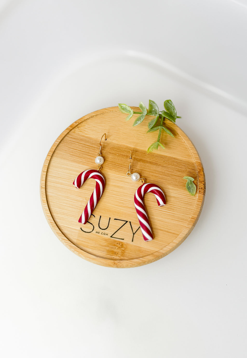 Handmade Christmas Candy Cane Earrings – Red and White Polymer Clay Dangles with Pearl Accents, Holiday Jewelry Gift