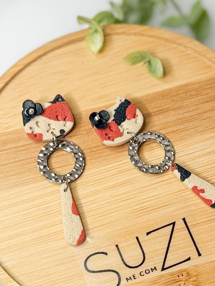 Cute Cat Jewelry, Dangle Cat Design, Handmade Polymer Clay Earrings, Cute Animal Lover Gift, Silver