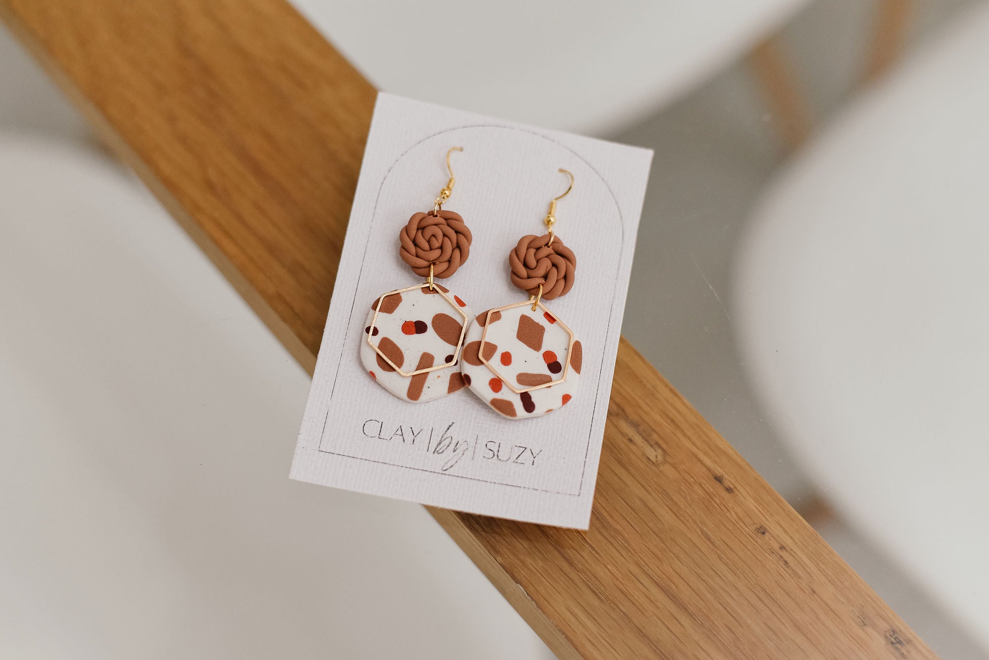 BH2 Boho Dangle Earrings – Neutral Earth Tone Polymer Clay Jewelry – Brown Caramel Burnt Orange Statement Earrings – Lightweight Handmade
