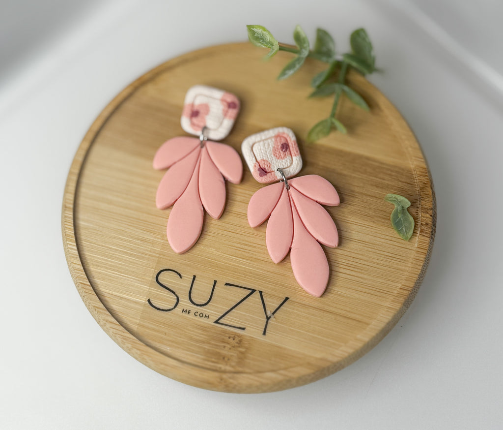 PLF6 Pink Coral Geo Bloom Dangle Earrings – Lightweight Polymer Clay Statement Jewelry