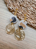 L1 Leopard Print Elegant Everyday Lightweight Dangles, Gold, Black and cream, Polymer Clay Earrings, Boutique Gift for Her