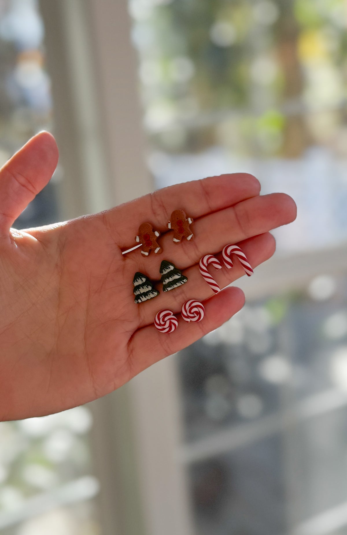Christmas Stud Earrings – Mini Gingerbread Man, Christmas Tree, Bow, Candy Canes, Handmade Hypoallergenic