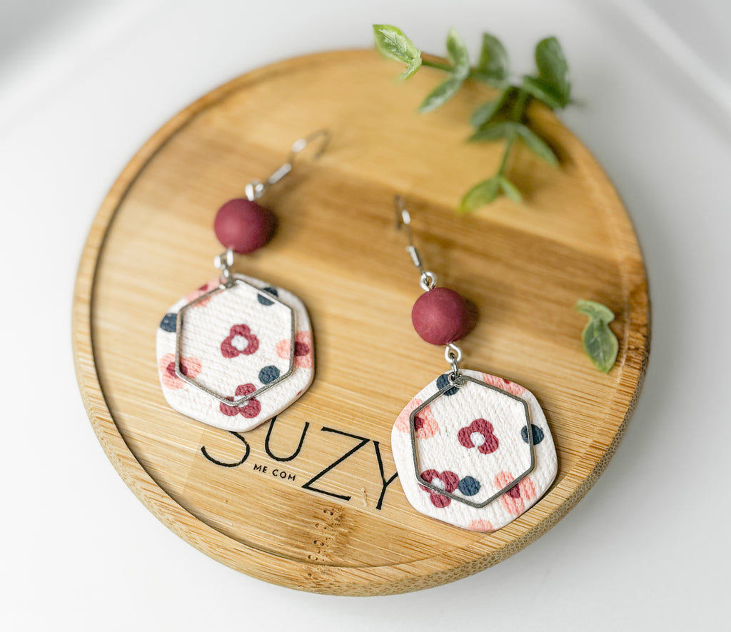PLF5 Pink Coral Geo Bloom Dangle Earrings – Lightweight Polymer Clay Statement Jewelry