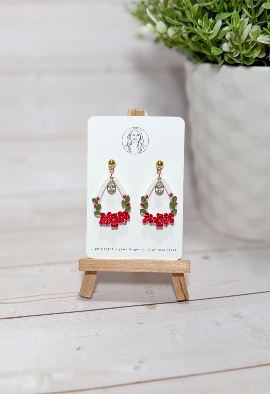 Red Christmas Floral Teardrop Earrings – Handmade Polymer Clay Holiday Flower Earrings, Festive Statement Jewelry Stainless steel