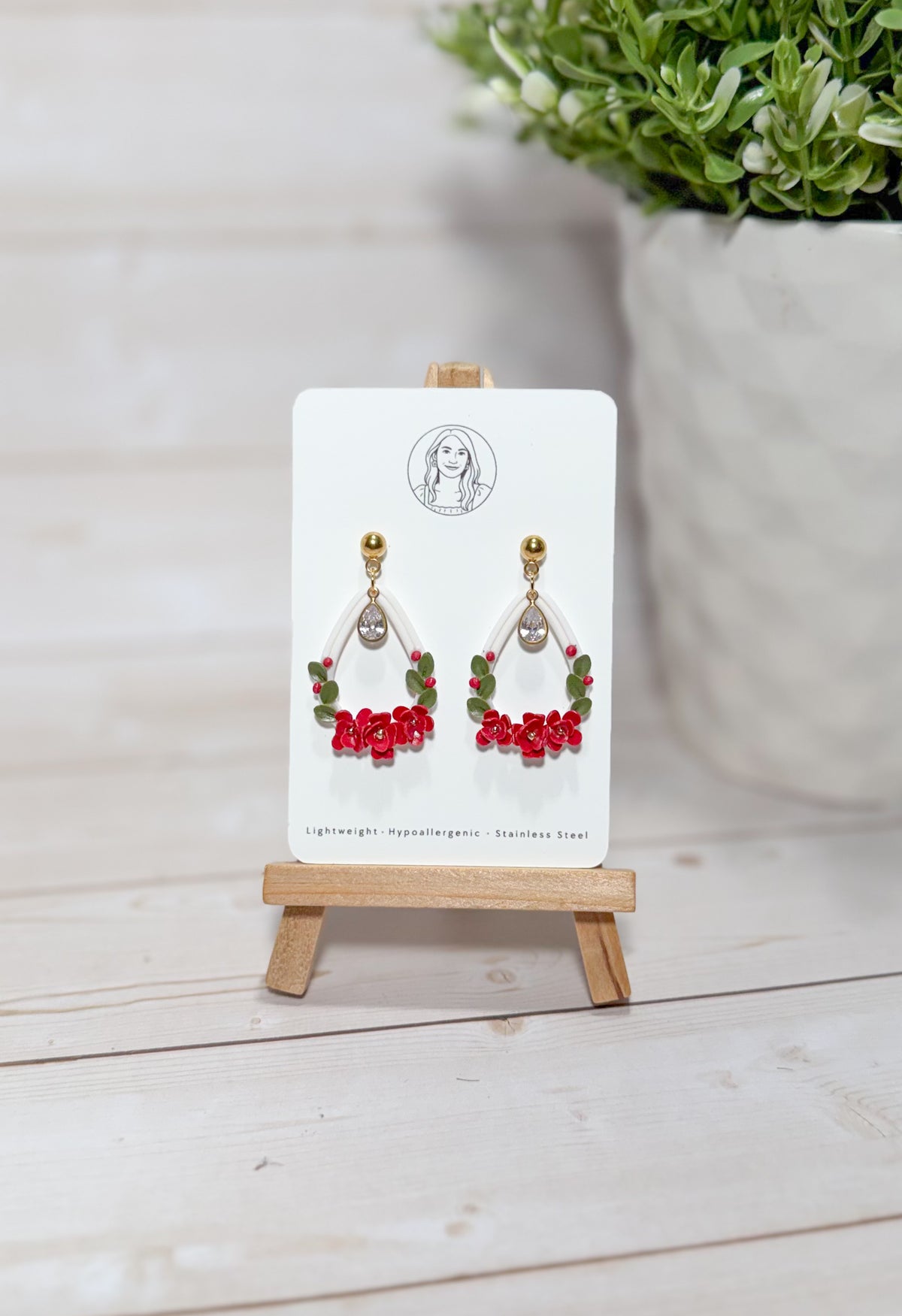 Red Christmas Floral Teardrop Earrings – Handmade Polymer Clay Holiday Flower Earrings, Festive Statement Jewelry Stainless steel