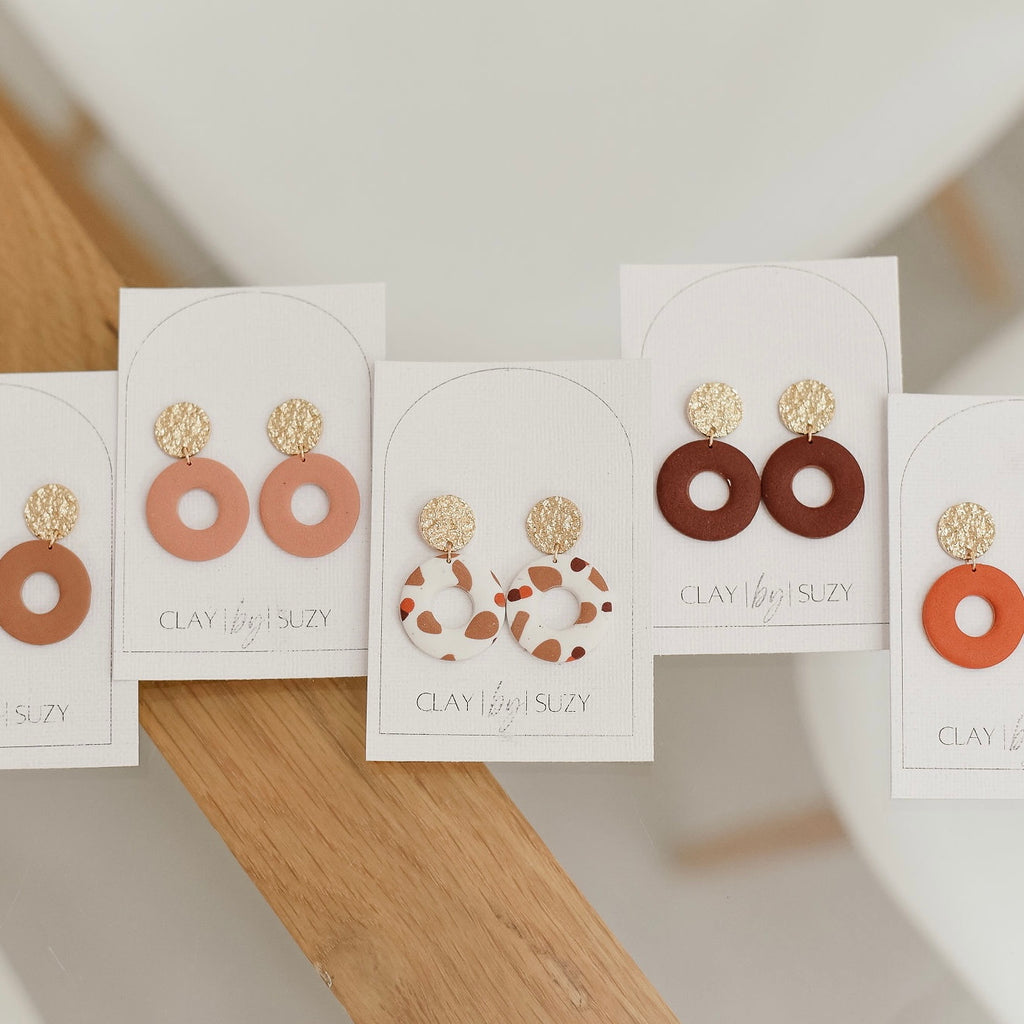 BH3 Boho Dangle Earrings – Neutral Earth Tone Polymer Clay Jewelry – Brown Caramel Burnt Orange Statement Earrings – Lightweight Handmade
