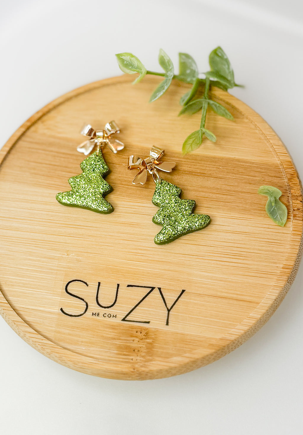 Green Glitter Christmas Tree Earrings – Gold Bow Holiday Statement Dangles, Handmade Festive Jewelry for Women