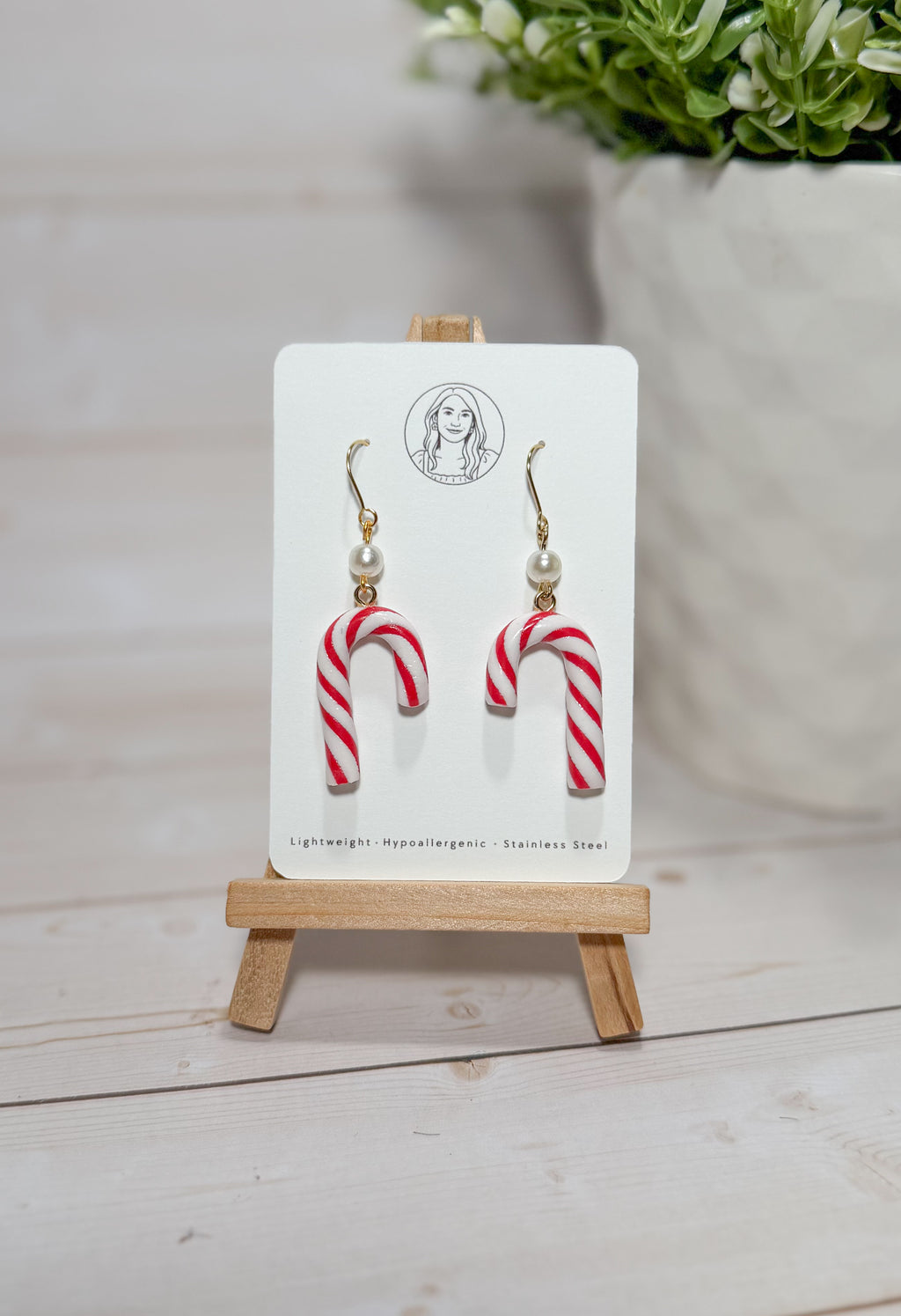 Handmade Christmas Candy Cane Earrings – Red and White Polymer Clay Dangles with Pearl Accents, Holiday Jewelry Gift