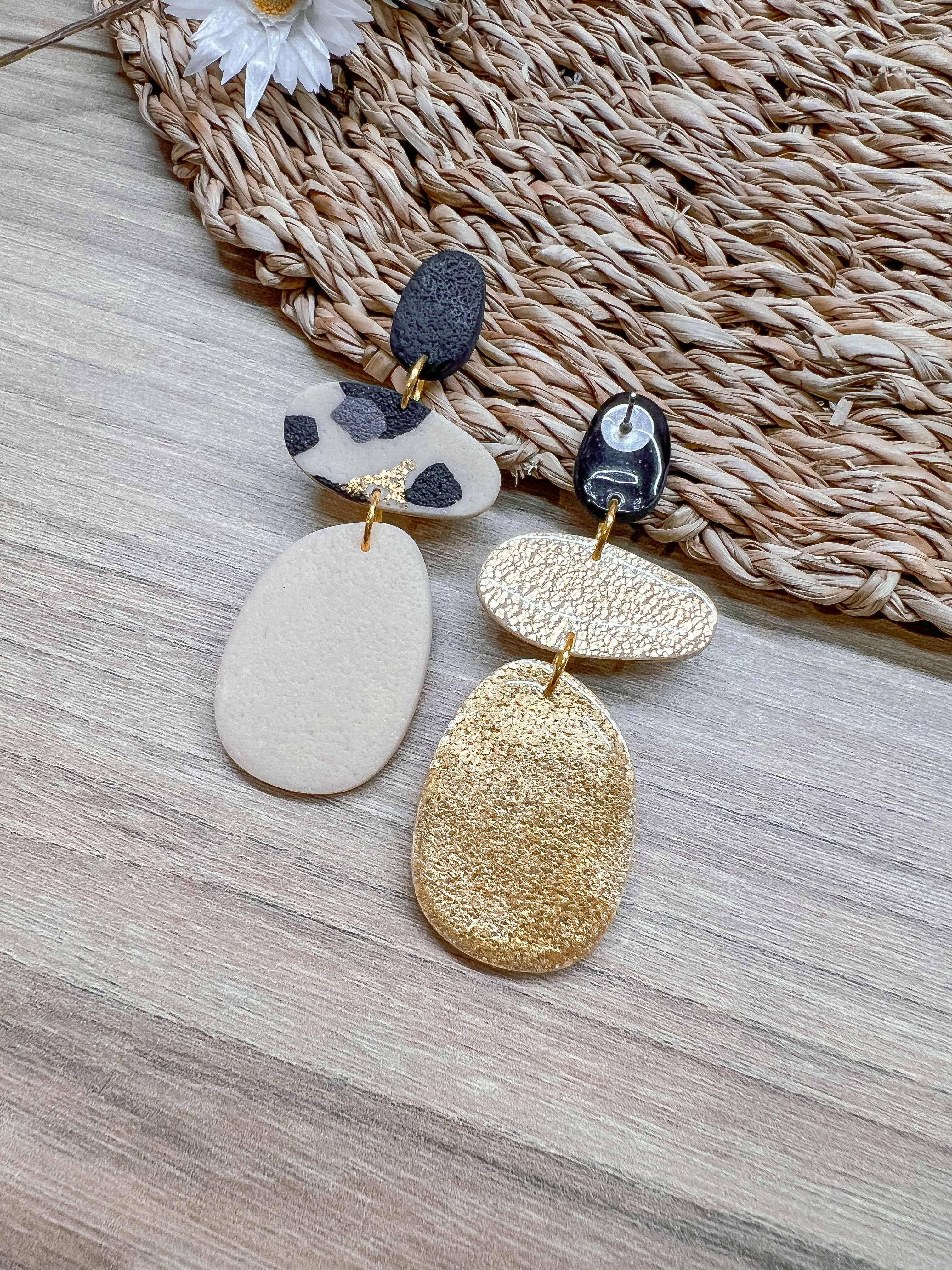 L2 Leopard Print Elegant Everyday Lightweight Dangles, Gold, Black and cream, Polymer Clay Earrings, Boutique Gift for Her