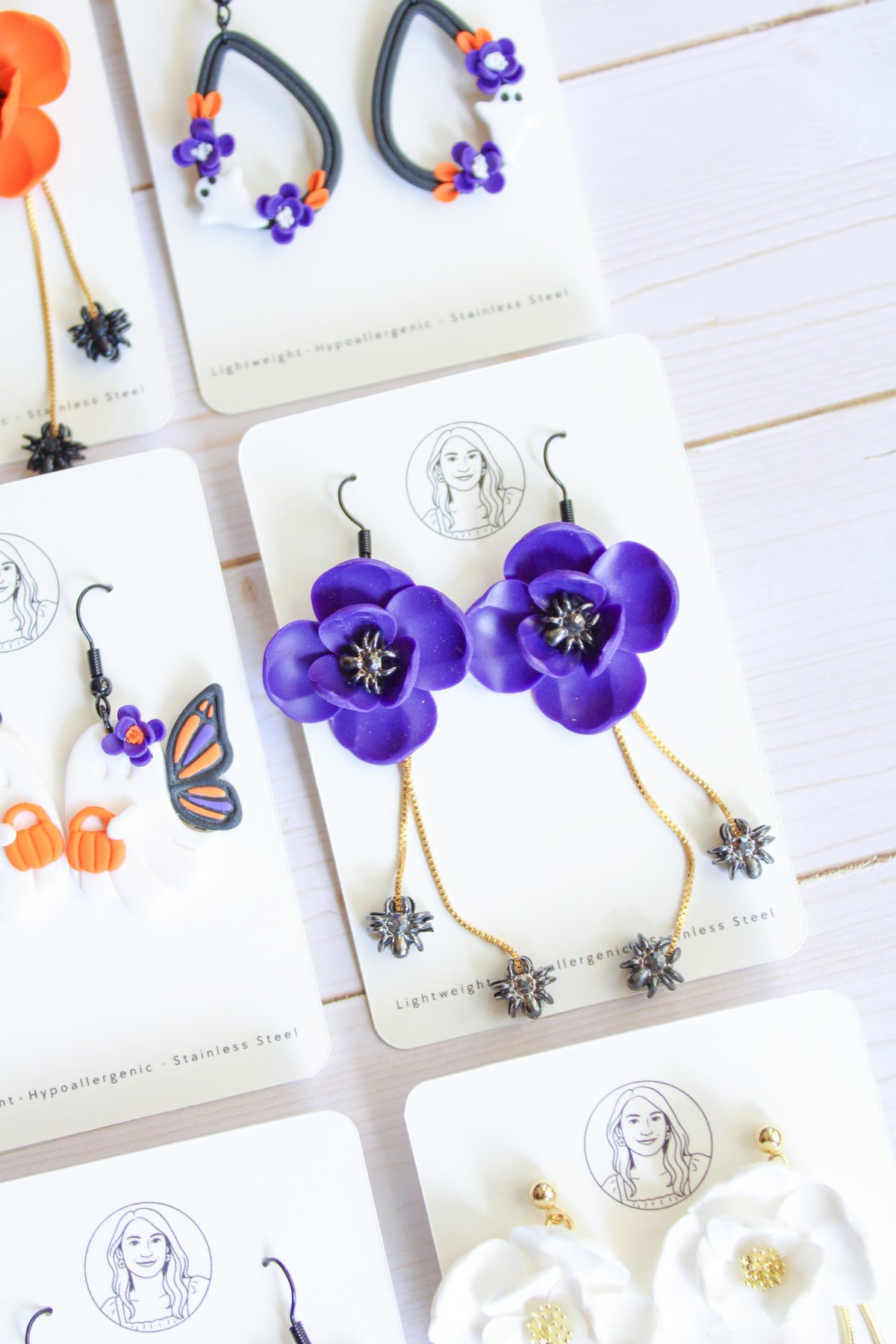 LH6 Floral Spider Earrings – Cute Halloween Polymer Clay Lightweight Dangle Earrings | Hypoallergenic Stainless Steel | Gift for Her | Boutique.