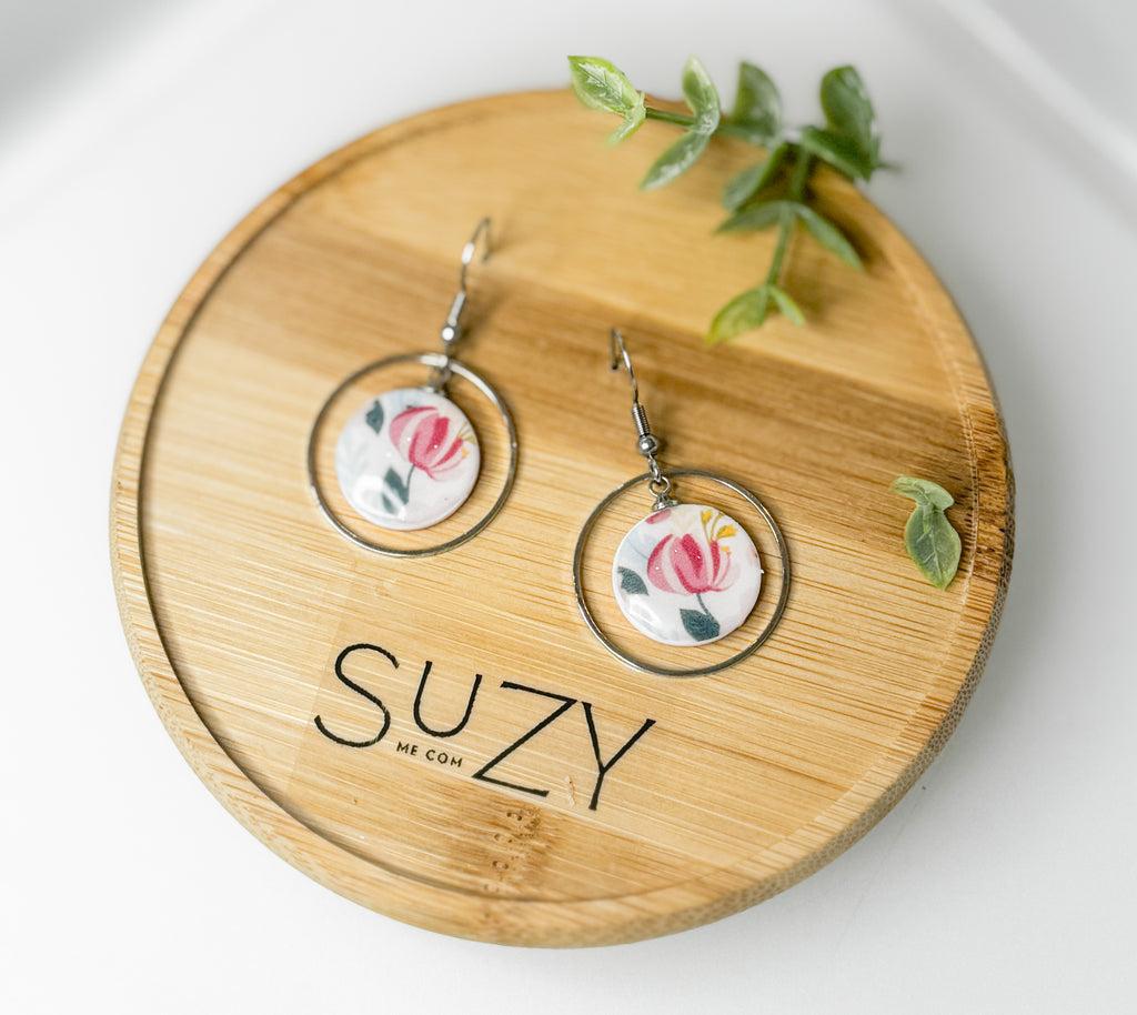 PLF7 Pink Coral Geo Bloom Dangle Earrings – Lightweight Polymer Clay Statement Jewelry