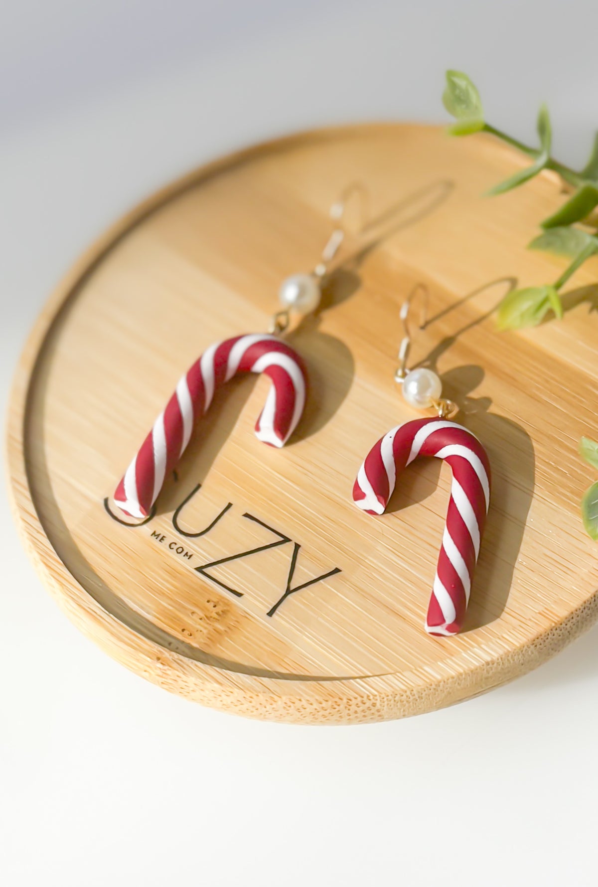 Handmade Christmas Candy Cane Earrings – Red and White Polymer Clay Dangles with Pearl Accents, Holiday Jewelry Gift
