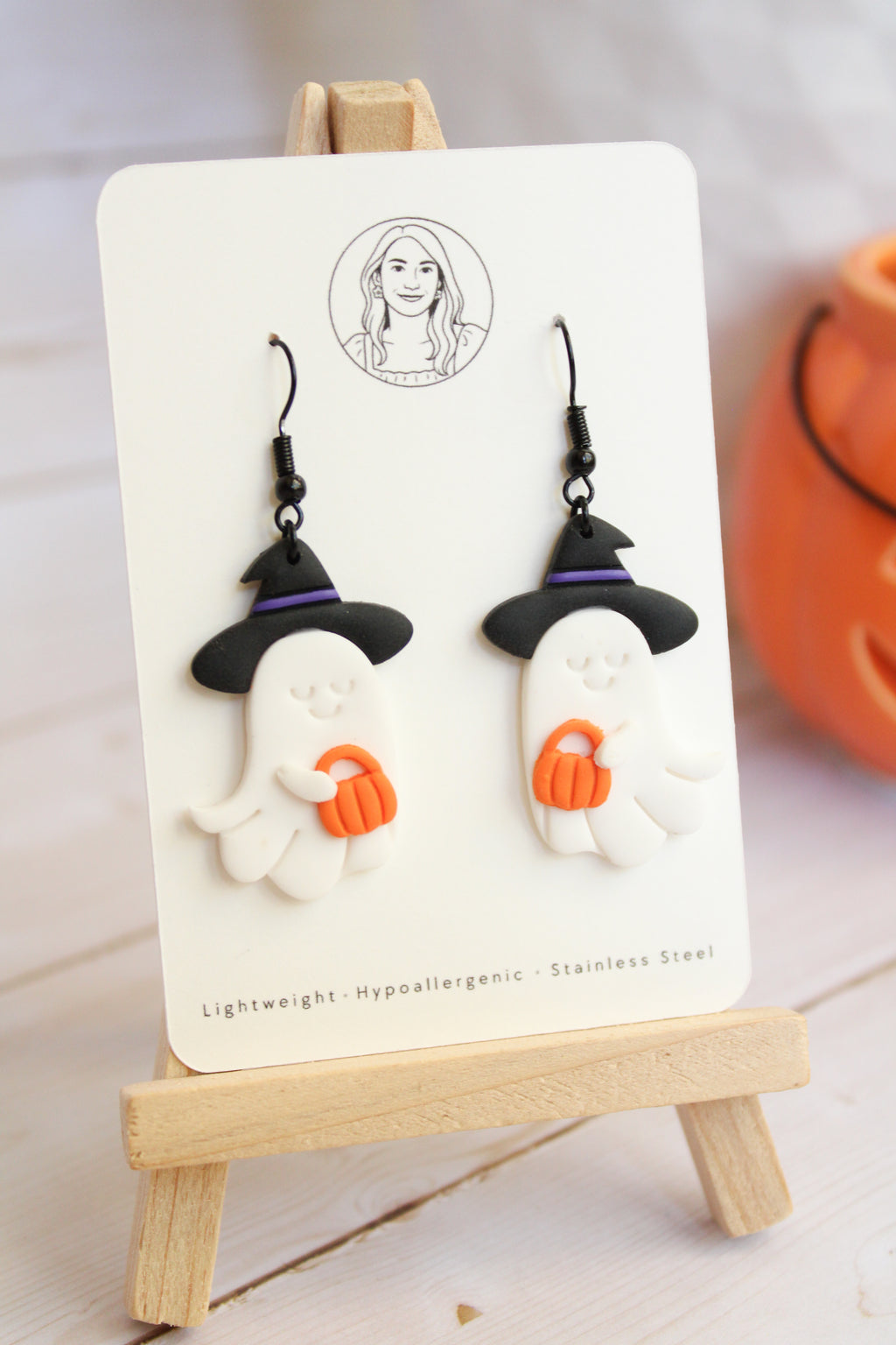 LH2 Witch Ghost Pumpkin Earrings – Cute Halloween Polymer Clay Lightweight Dangle Earrings | Hypoallergenic Stainless Steel | Gift for Her | Boutique