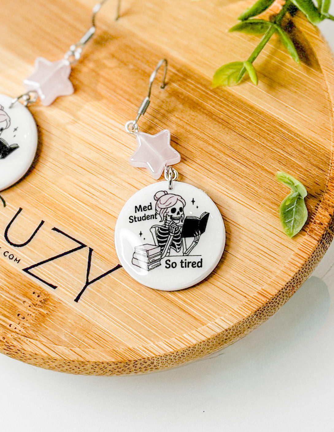 Med Student Gift idea, Skeleton Tired Medical Student Polymer Clay earrings, Handmade Lightweight, Pink and White