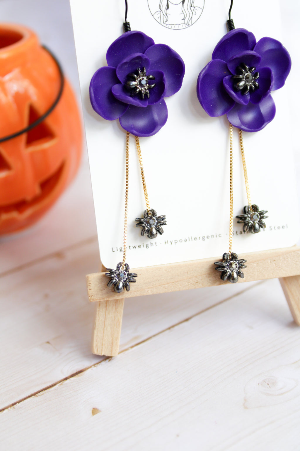 LH6 Floral Spider Earrings – Cute Halloween Polymer Clay Lightweight Dangle Earrings | Hypoallergenic Stainless Steel | Gift for Her | Boutique.