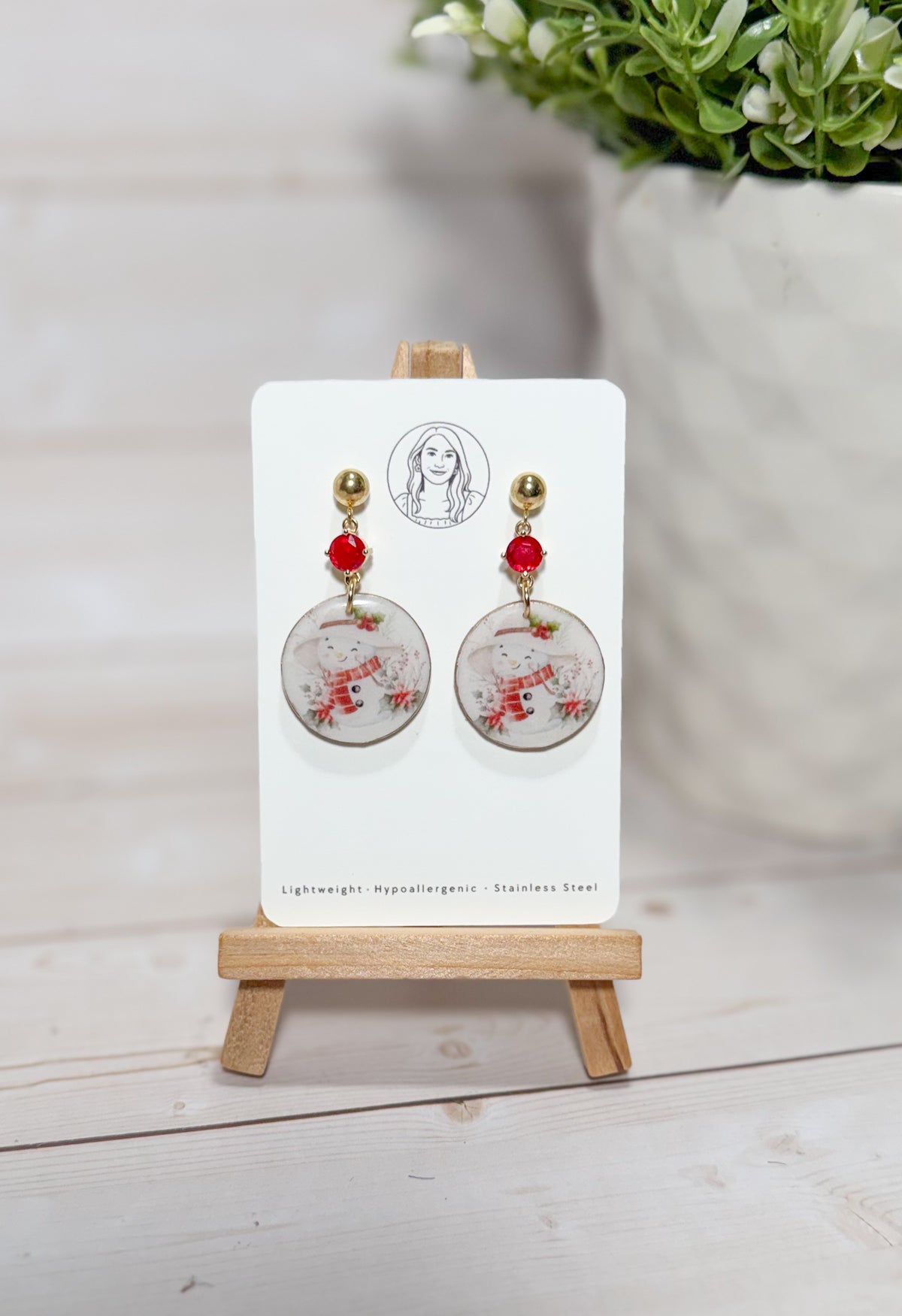 Christmas Snowman Drop Earrings with Emerald Red/Green Crystal Accents – Festive Winter Holiday Jewelry