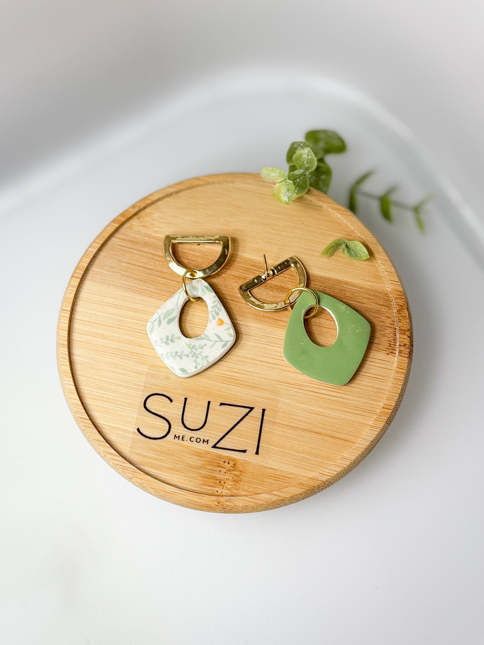 Golden Geo Shape Everyday Polymer Clay Handmade Dangle Earrings, Leaf, Green and Gold, Gift for her