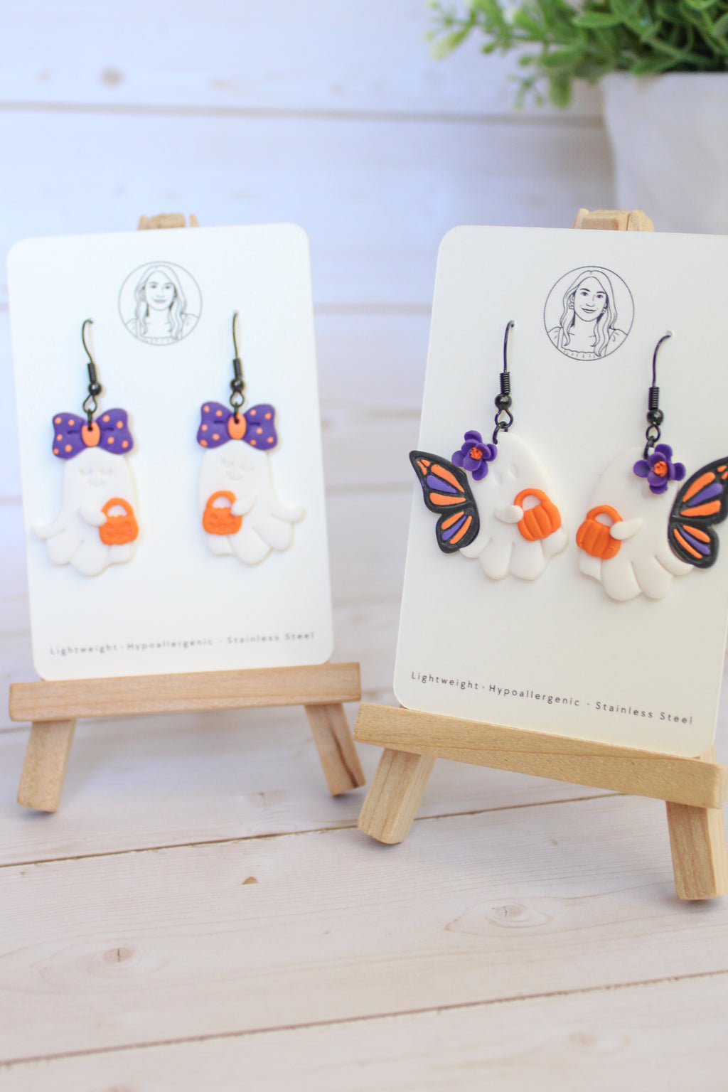 LH1 Ghost Bow Earrings – Cute Halloween Polymer Clay Lightweight Dangle Earrings | Hypoallergenic Stainless Steel | Gift for Her | Boutique