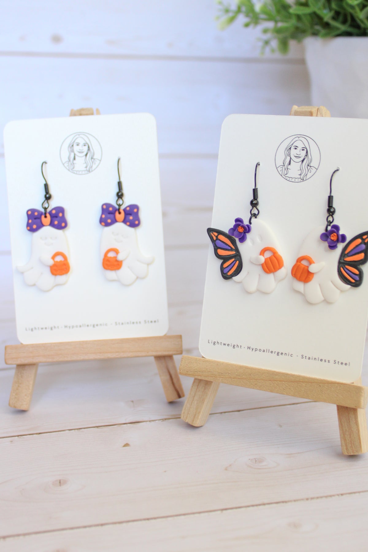 LH1 Ghost Bow Earrings – Cute Halloween Polymer Clay Lightweight Dangle Earrings | Hypoallergenic Stainless Steel | Gift for Her | Boutique