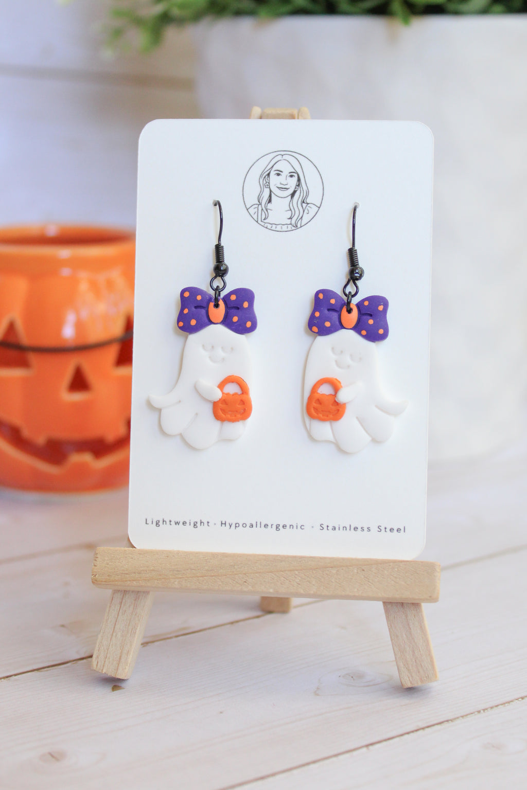 LH1 Ghost Bow Earrings – Cute Halloween Polymer Clay Lightweight Dangle Earrings | Hypoallergenic Stainless Steel | Gift for Her | Boutique