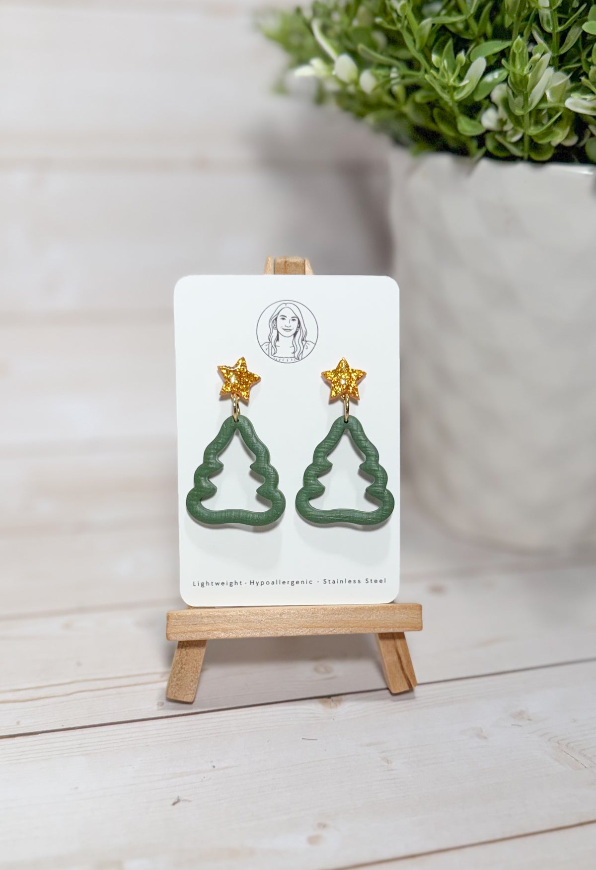 Gold Glitter Christmas Tree Earrings – Gold Star Holiday Statement Dangles, Handmade Festive Jewelry for Women