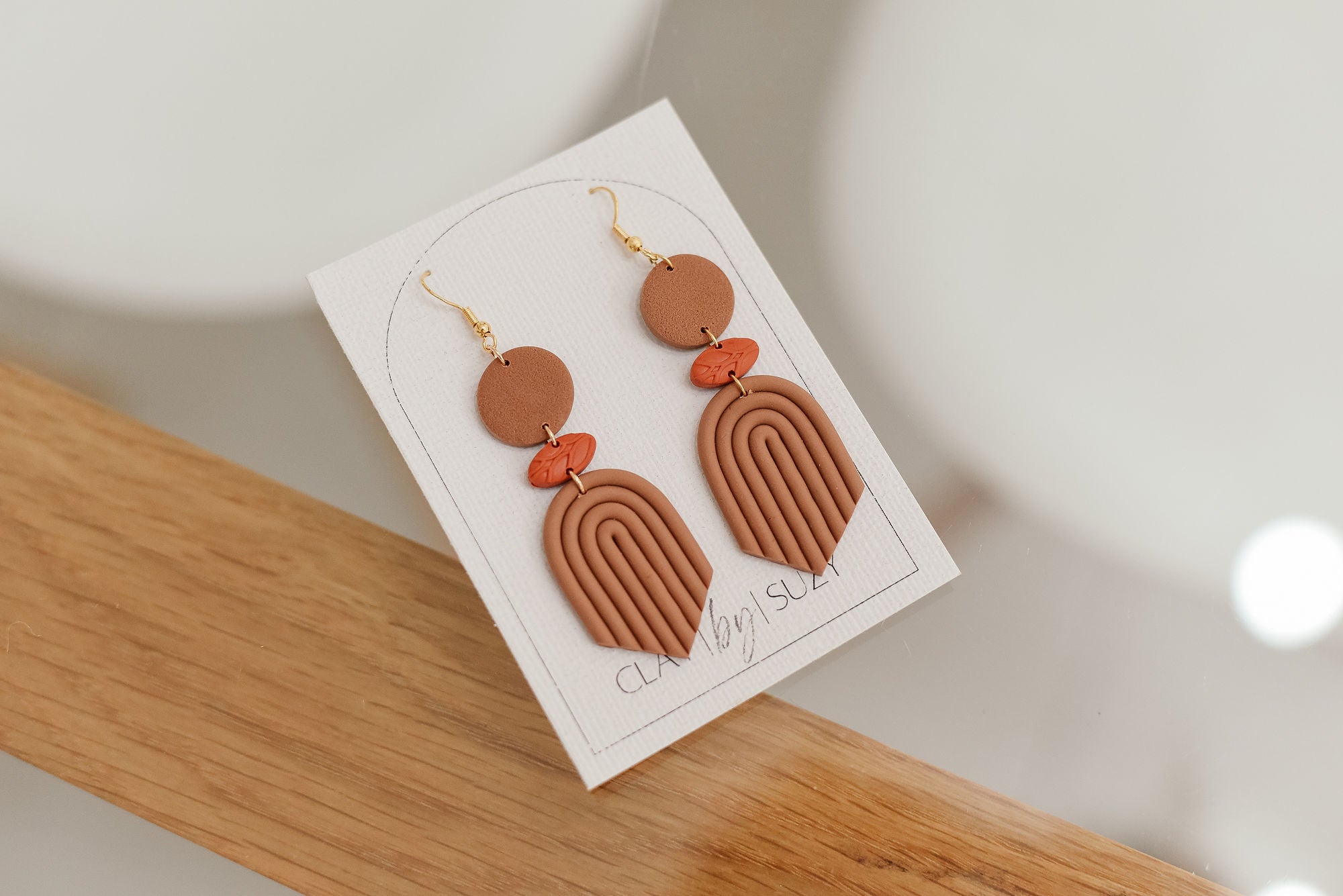 BH1 Boho Dangle Earrings – Neutral Earth Tone Polymer Clay Jewelry – Brown Caramel Burnt Orange Statement Earrings – Lightweight Handmade