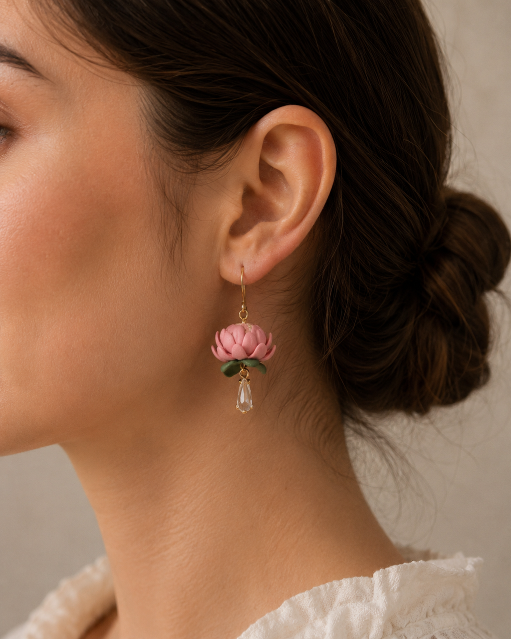 P1 Protea Flower Jewelry, Elegant South African Inspired Artisan Handmade Earrings, Unique Gifts for Her, Natural soft tones, Glass Crystal, Gold