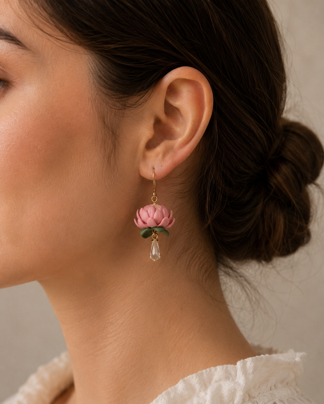 P1 Protea Flower Jewelry, Elegant South African Inspired Artisan Handmade Earrings, Unique Gifts for Her, Natural soft tones, Glass Crystal, Gold