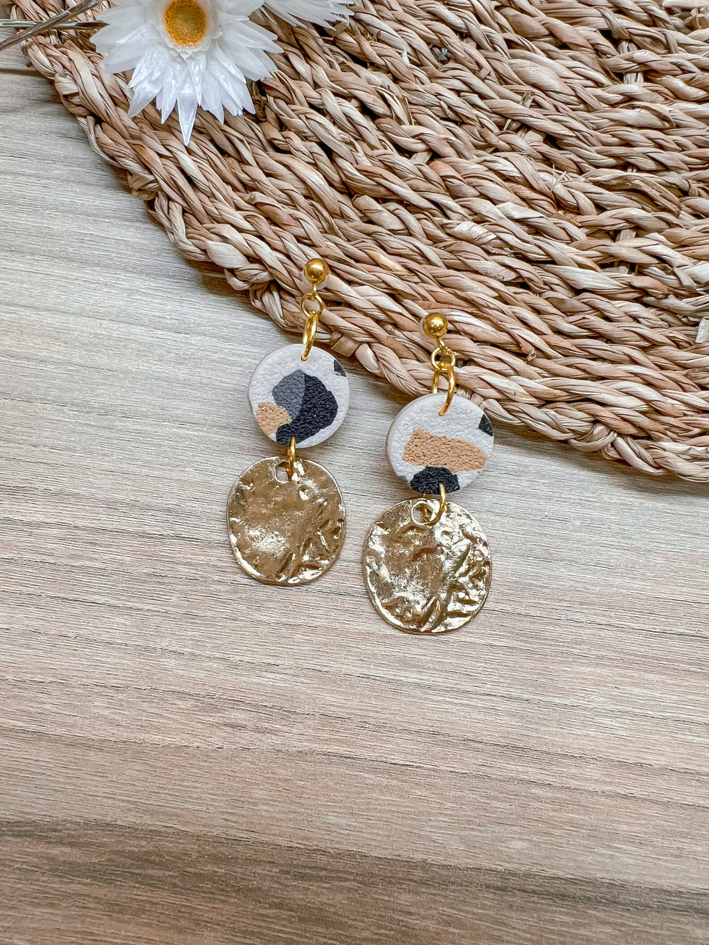 L1 Leopard Print Elegant Everyday Lightweight Dangles, Gold, Black and cream, Polymer Clay Earrings, Boutique Gift for Her