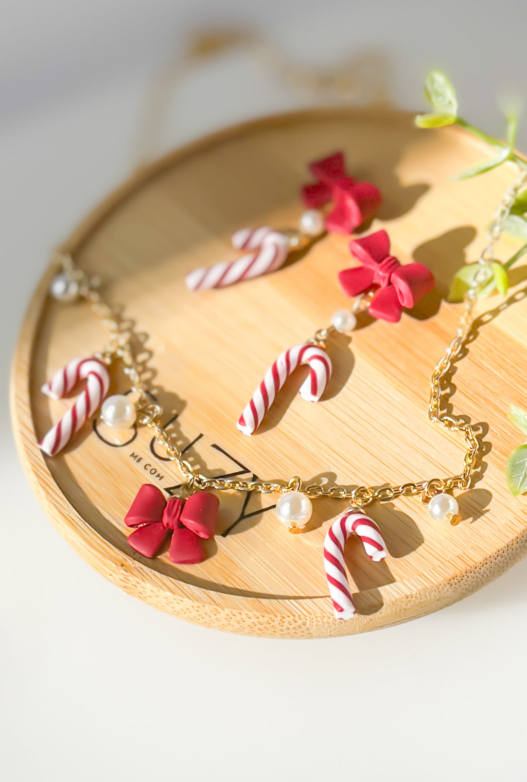 Handmade Christmas Candy Cane & Bow Earrings, Necklace – Red and White Polymer Clay with Pearl Accents, Holiday Jewelry Gift