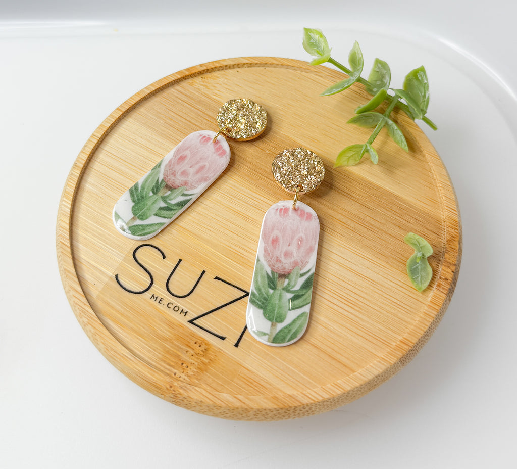 P2 Protea Flower Jewelry, Elegant South African Inspired Artisan Handmade Earrings, Unique Gifts for Her, Natural soft tones, Gold Bow