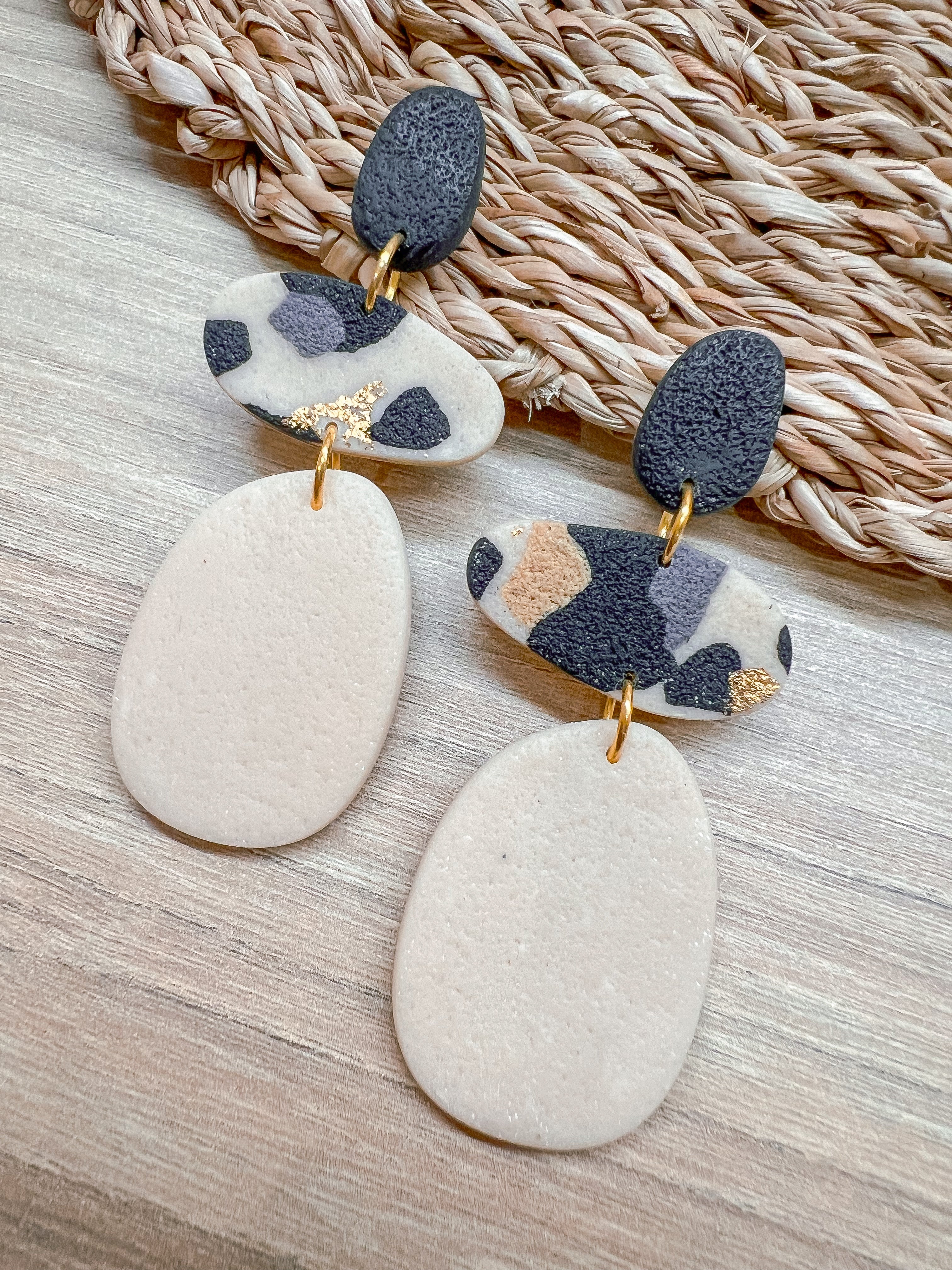 L2 Leopard Print Elegant Everyday Lightweight Dangles, Gold, Black and cream, Polymer Clay Earrings, Boutique Gift for Her