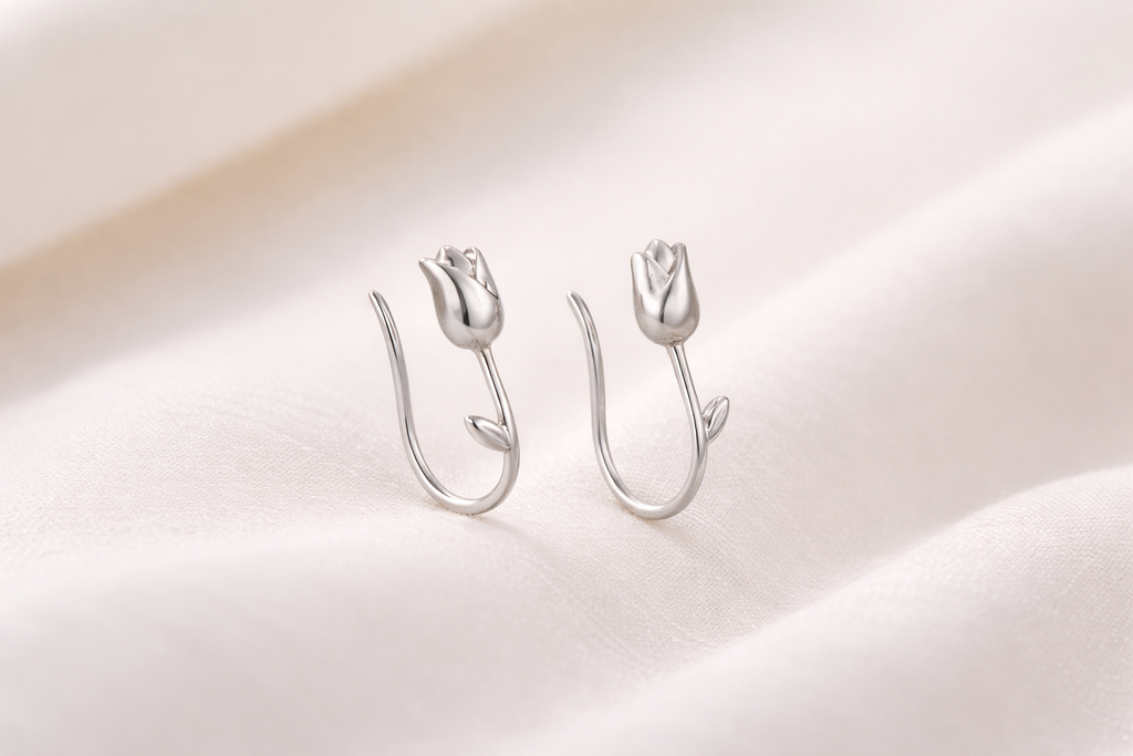 Tulip Dainty Flower, 925 Sterling Silver, Gold Plated Floral Earrings, Fine Jewelry, Lightweight Everyday wear