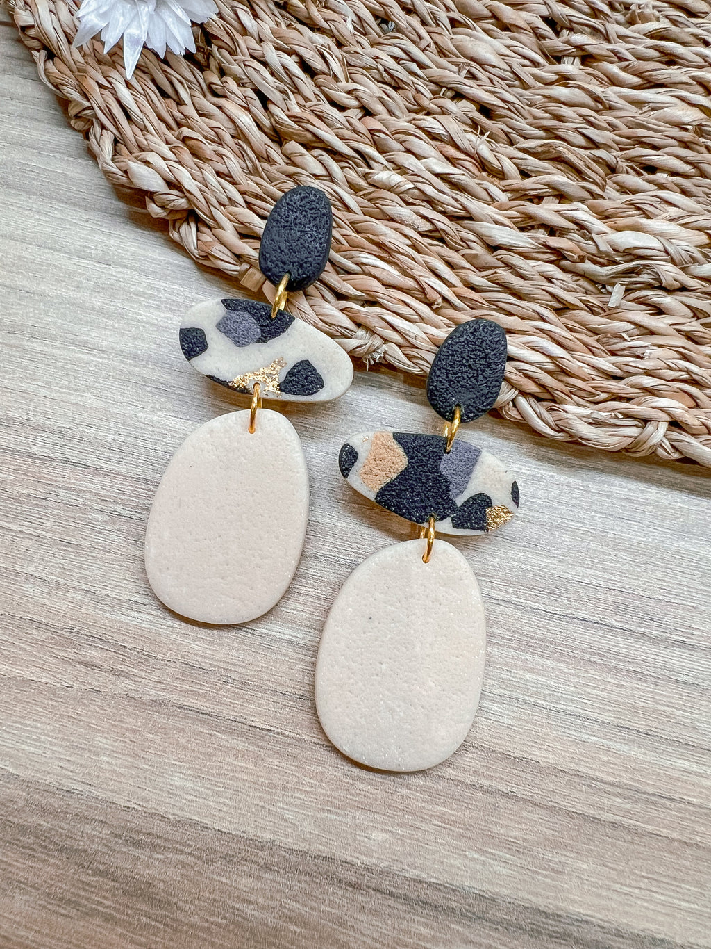 L2 Leopard Print Elegant Everyday Lightweight Dangles, Gold, Black and cream, Polymer Clay Earrings, Boutique Gift for Her