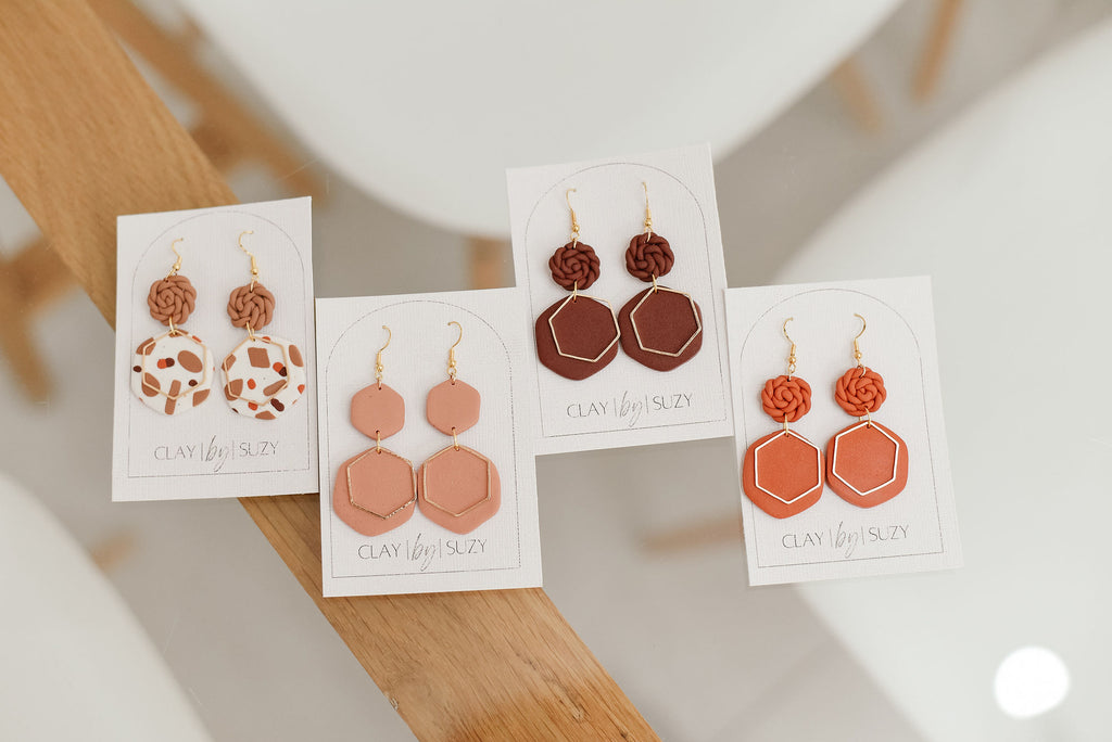 BH2 Boho Dangle Earrings – Neutral Earth Tone Polymer Clay Jewelry – Brown Caramel Burnt Orange Statement Earrings – Lightweight Handmade