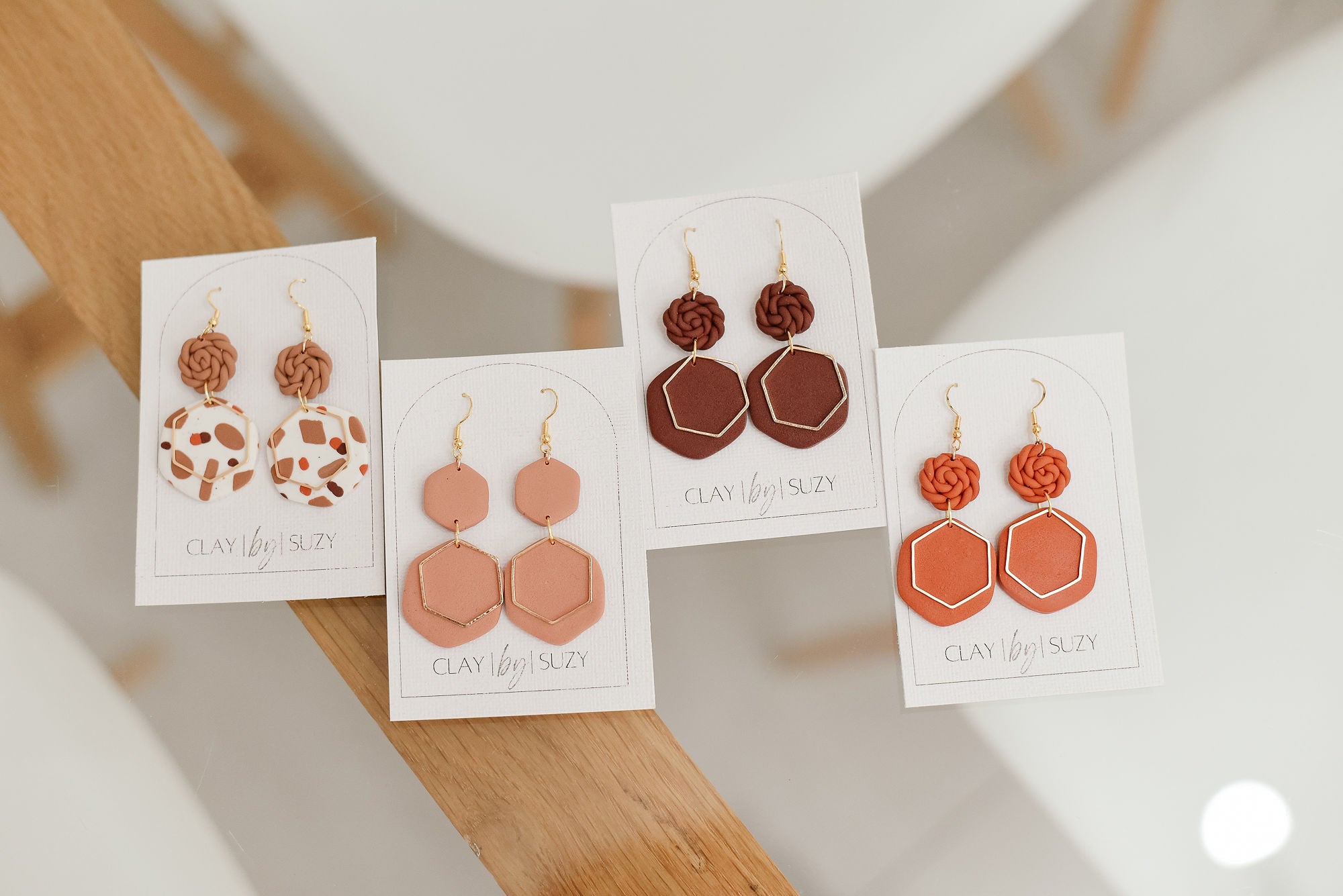 BH2 Boho Dangle Earrings – Neutral Earth Tone Polymer Clay Jewelry – Brown Caramel Burnt Orange Statement Earrings – Lightweight Handmade