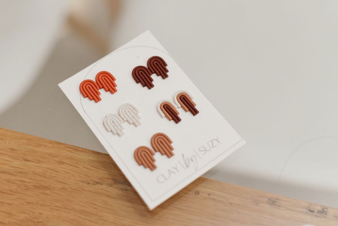 BH8 Boho Earrings – Neutral Earth Tone Polymer Clay Jewelry – Brown Caramel Burnt Orange Statement Earrings – Lightweight Handmade STUDS
