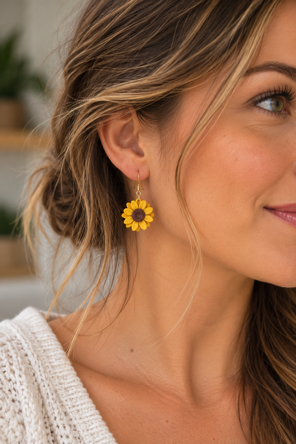 Yellow Sunflower 1 Floral Handmade Lightweight, Polymer Clay Dangle Earrings, Gift for Her.