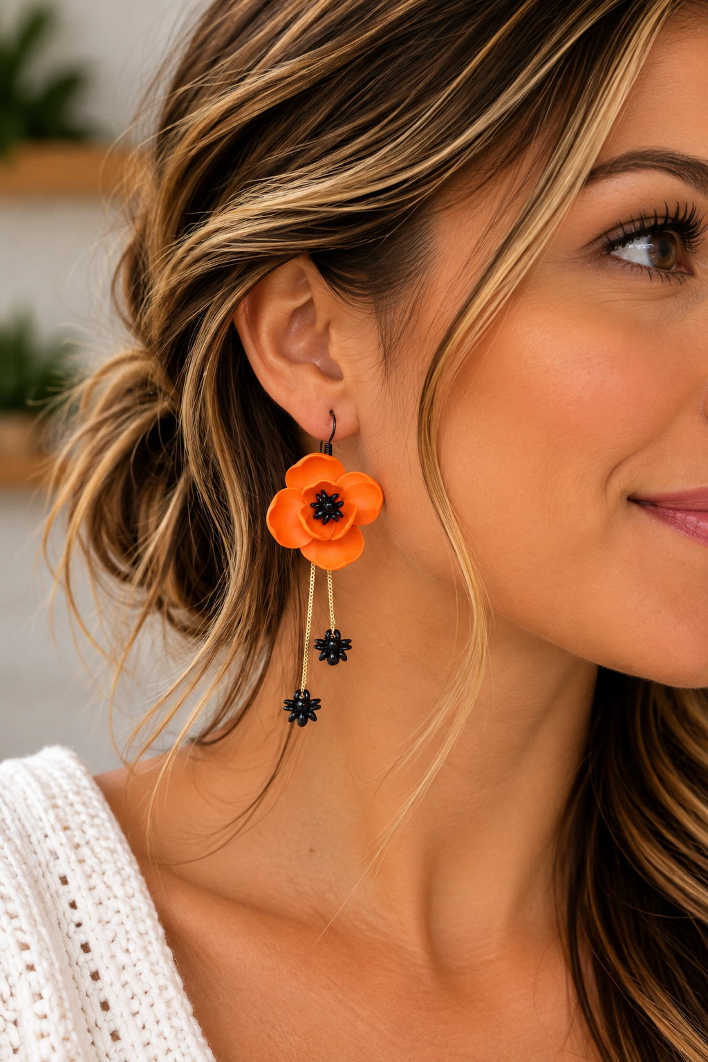 LH7 Floral Spider Earrings – Cute Halloween Polymer Clay Lightweight Orange Dangle Earrings | Hypoallergenic Stainless Steel | Gift for Her | Boutique.