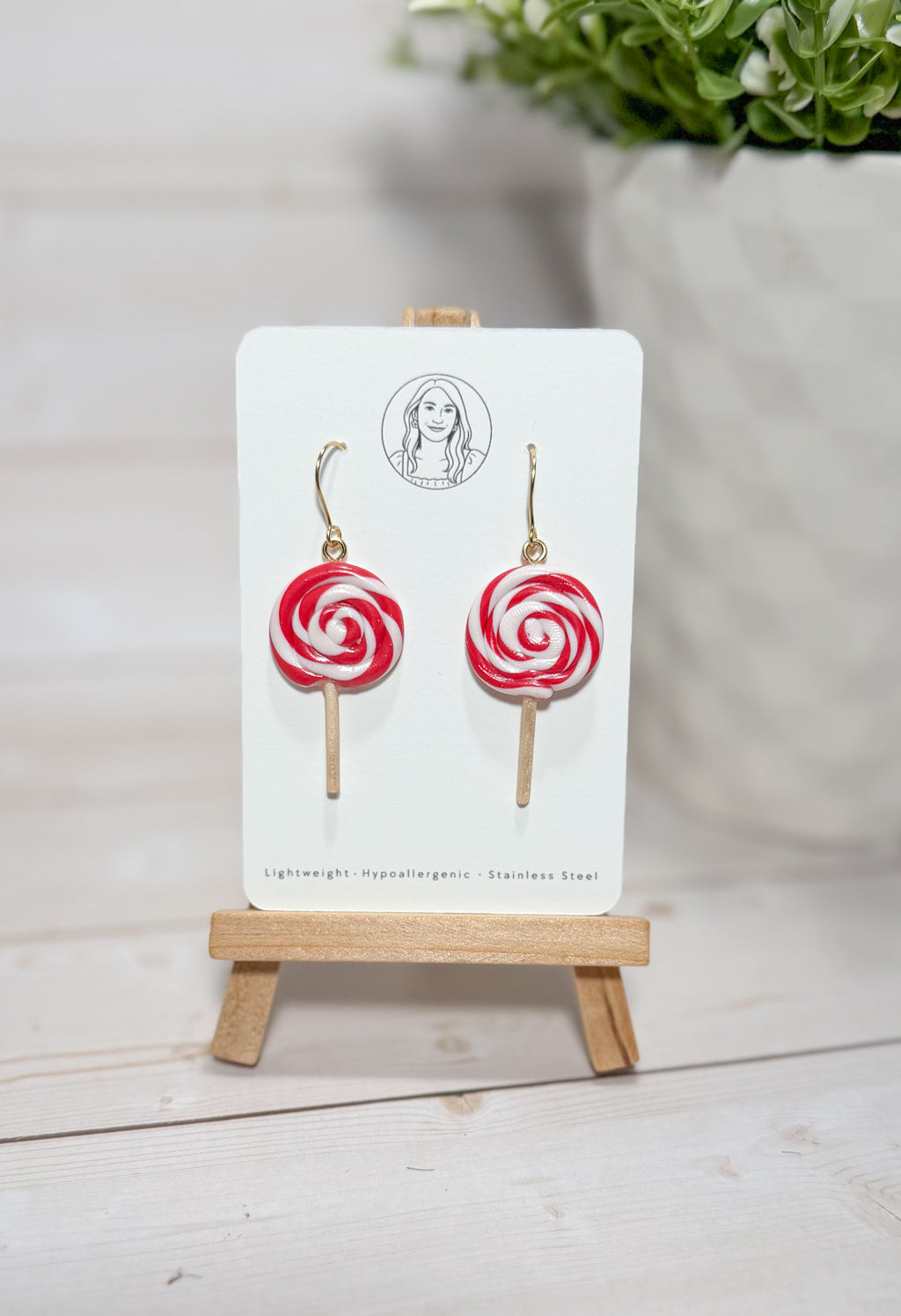 Handmade Christmas Lollipop Earrings – Red and White Polymer Clay Dangles, Holiday Jewelry Gift.