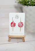 Handmade Christmas Lollipop Earrings – Red and White Polymer Clay Dangles, Holiday Jewelry Gift.