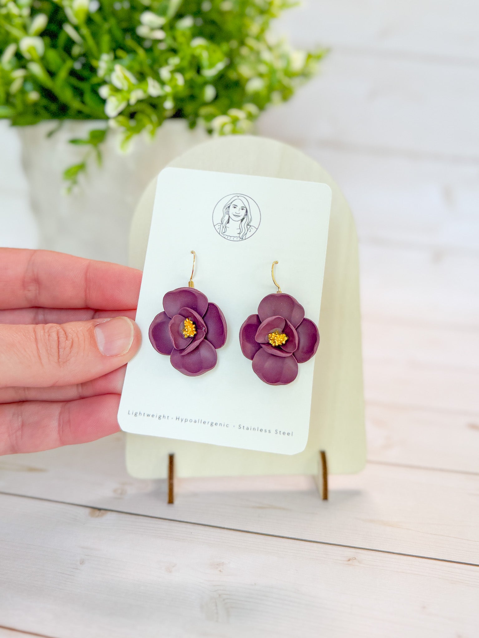 RG1 Faith Inspired Floral Dangles in Deep Green & Plum | Christian Gift | Handmade Lightweight Statement Jewelry