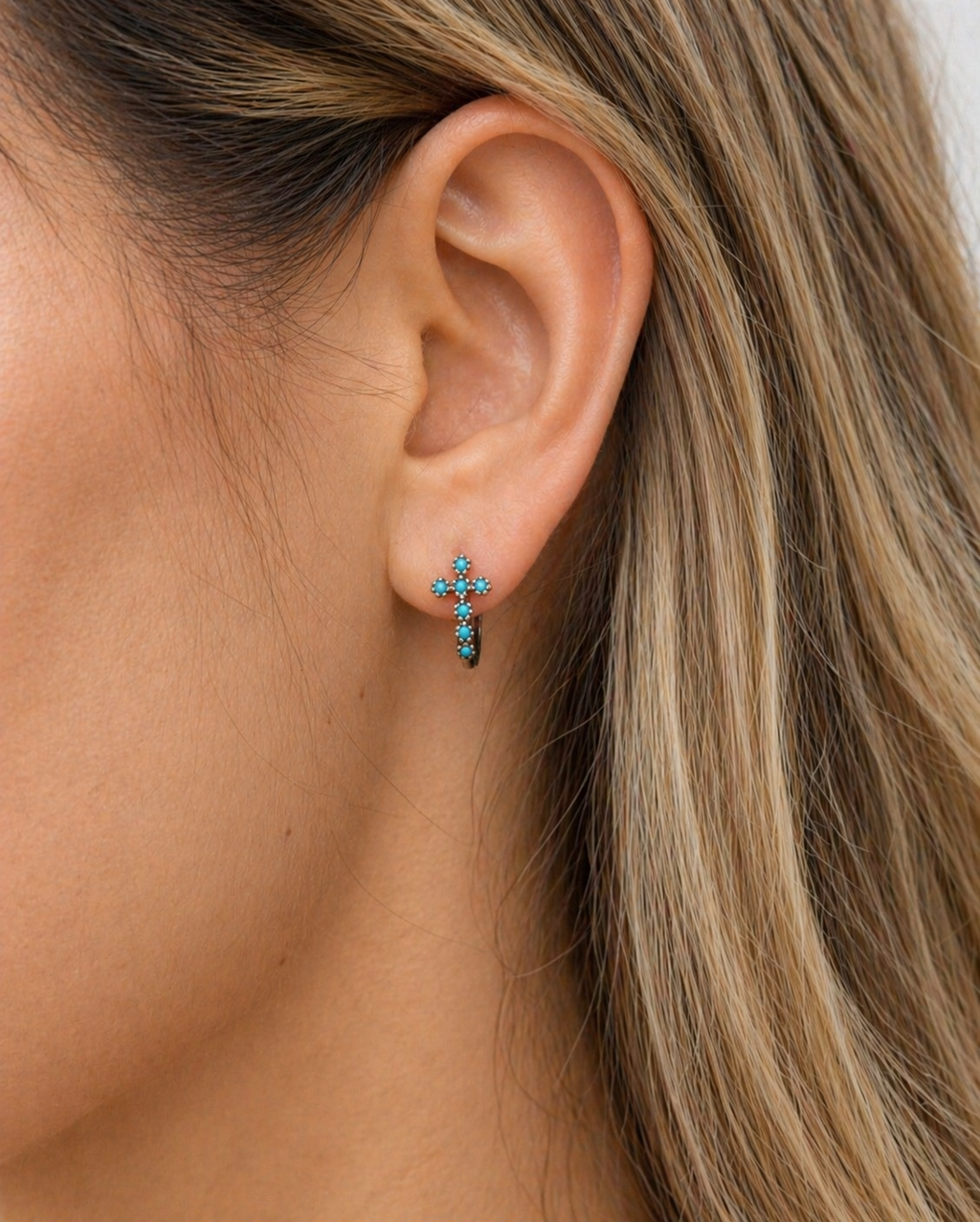 RG15 Faith Inspired Cross Earring Huggies | Christian Gift | Delicate Jewelry | 925 Sterling Silver Fine Jewelry Turquoise