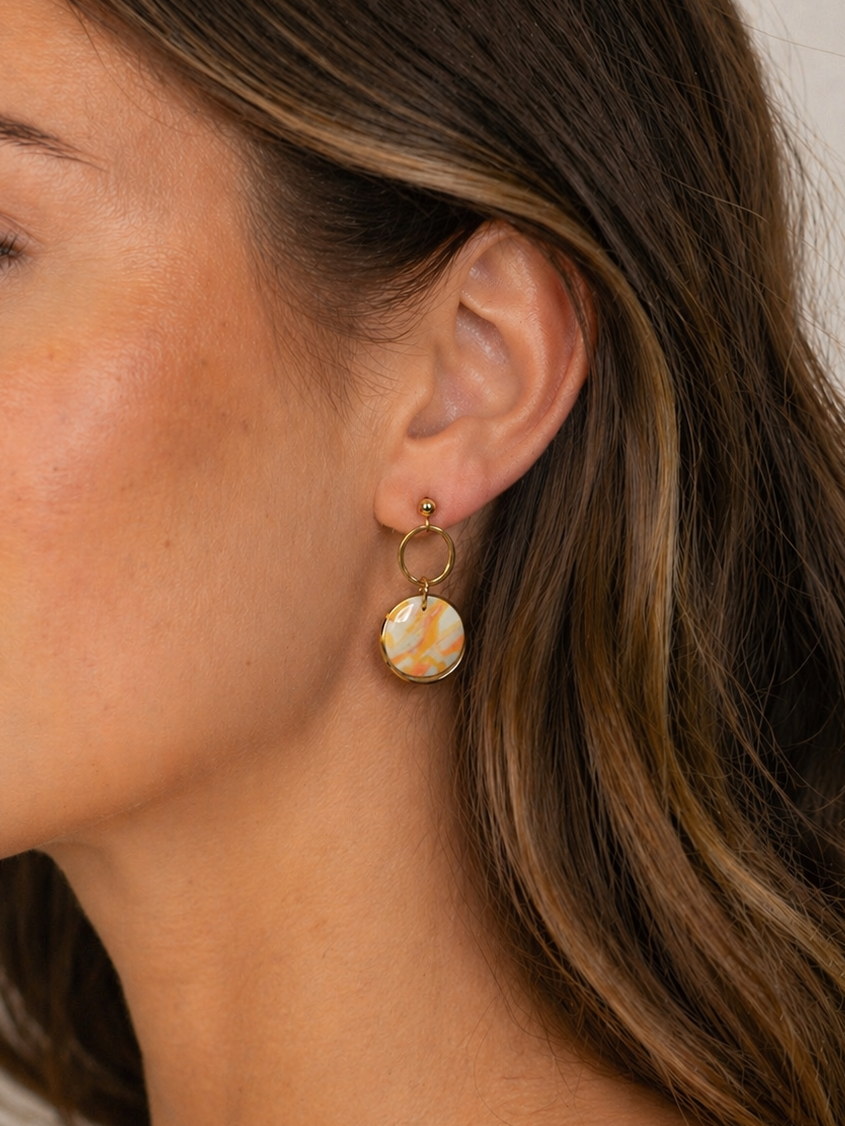 UC5 Orange, & Sage Marble Upcycled Polymer Clay Dangling Earrings – Lightweight Polymer Clay Statement Jewelry