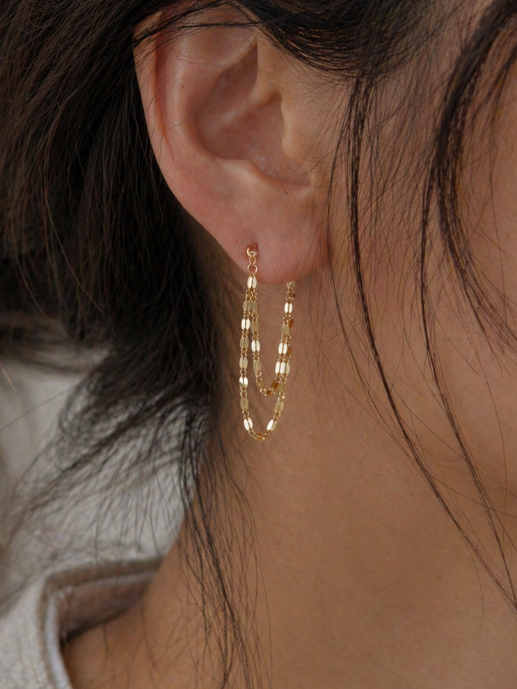 Double Layer Tassel, 925 Sterling Silver, Gold Plated Chain Earrings, Fine Jewelry, Lightweight Everyday wear