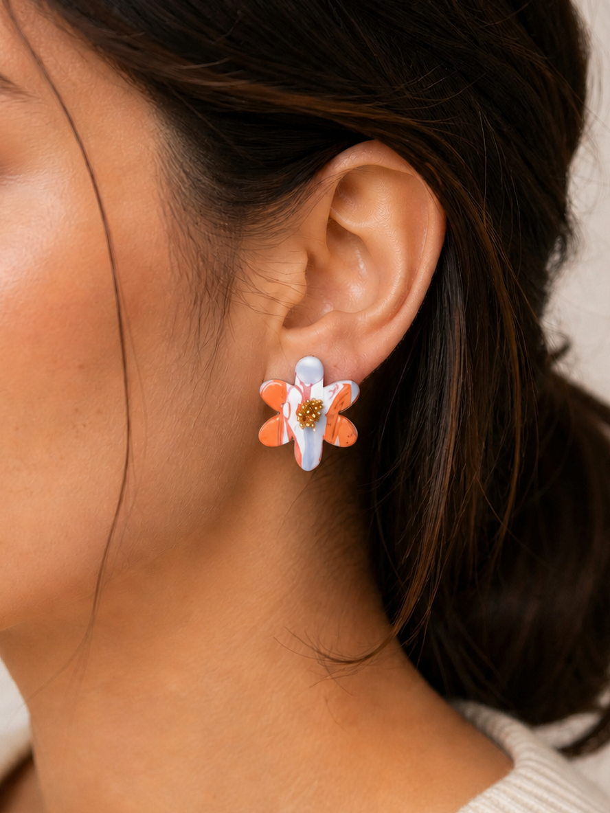 UC1 Orange, Purple & White Marble Upcycled Polymer Clay Stud Earrings – Lightweight Polymer Clay Statement Jewelry