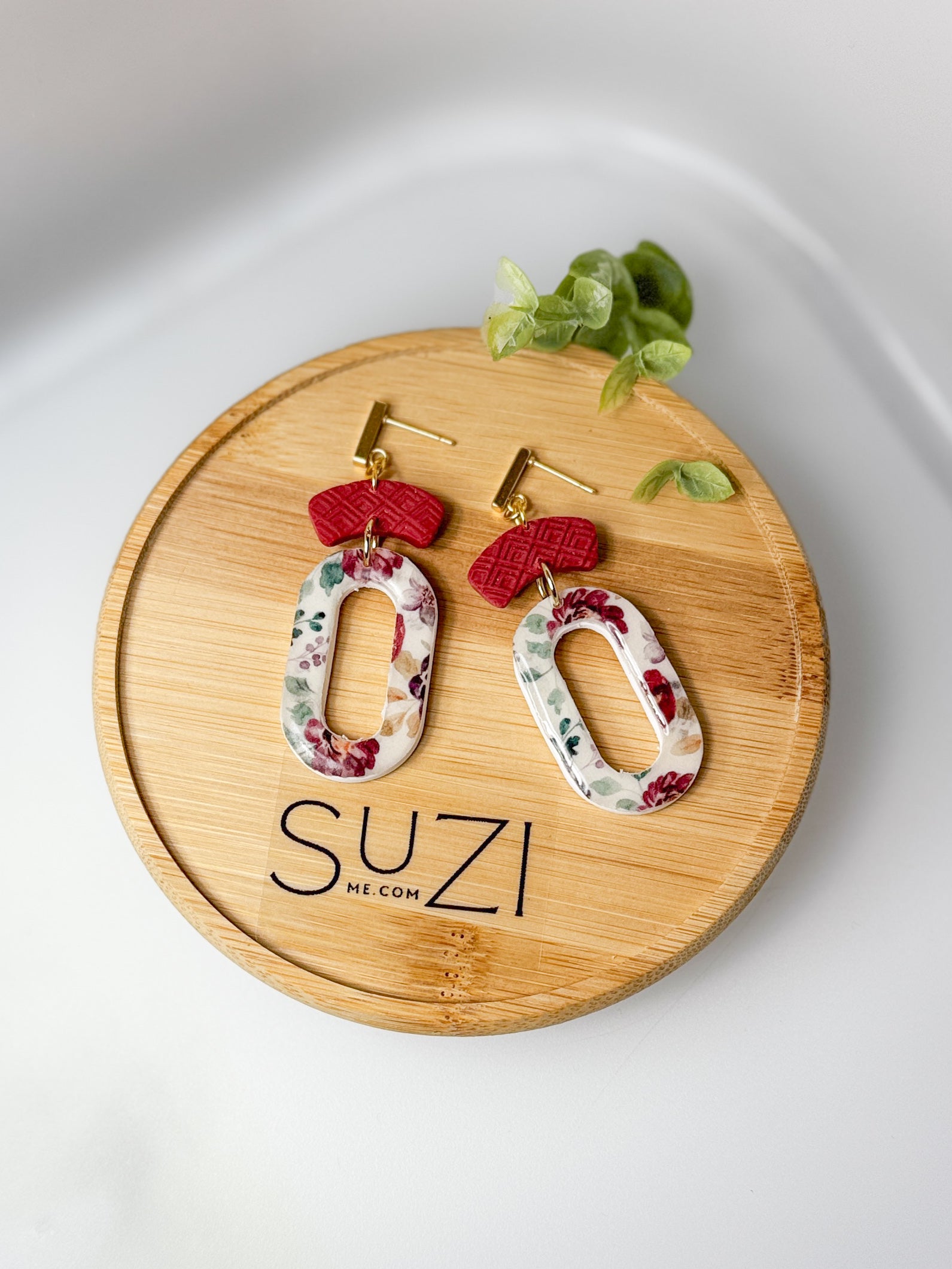 Golden Red Floral Oval Everyday Polymer Clay Handmade Dangle Earrings, Warm colors